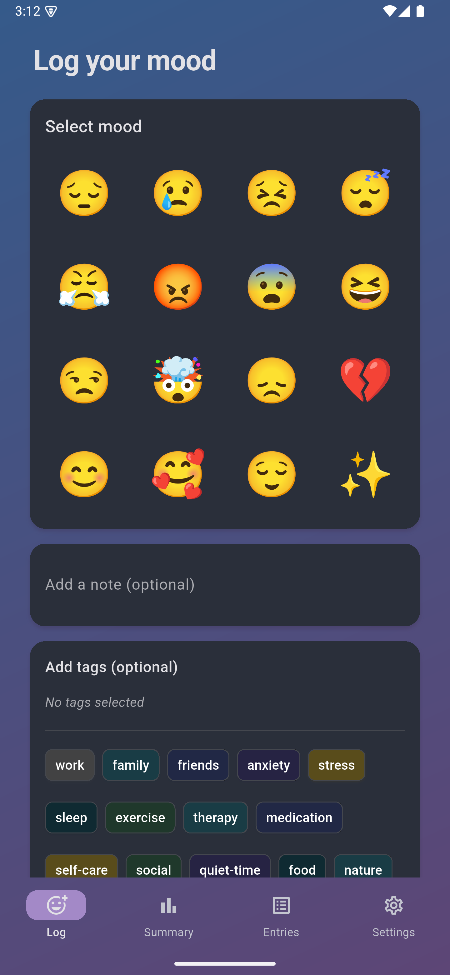 Log your mood screen - Quick and easy mood tracking