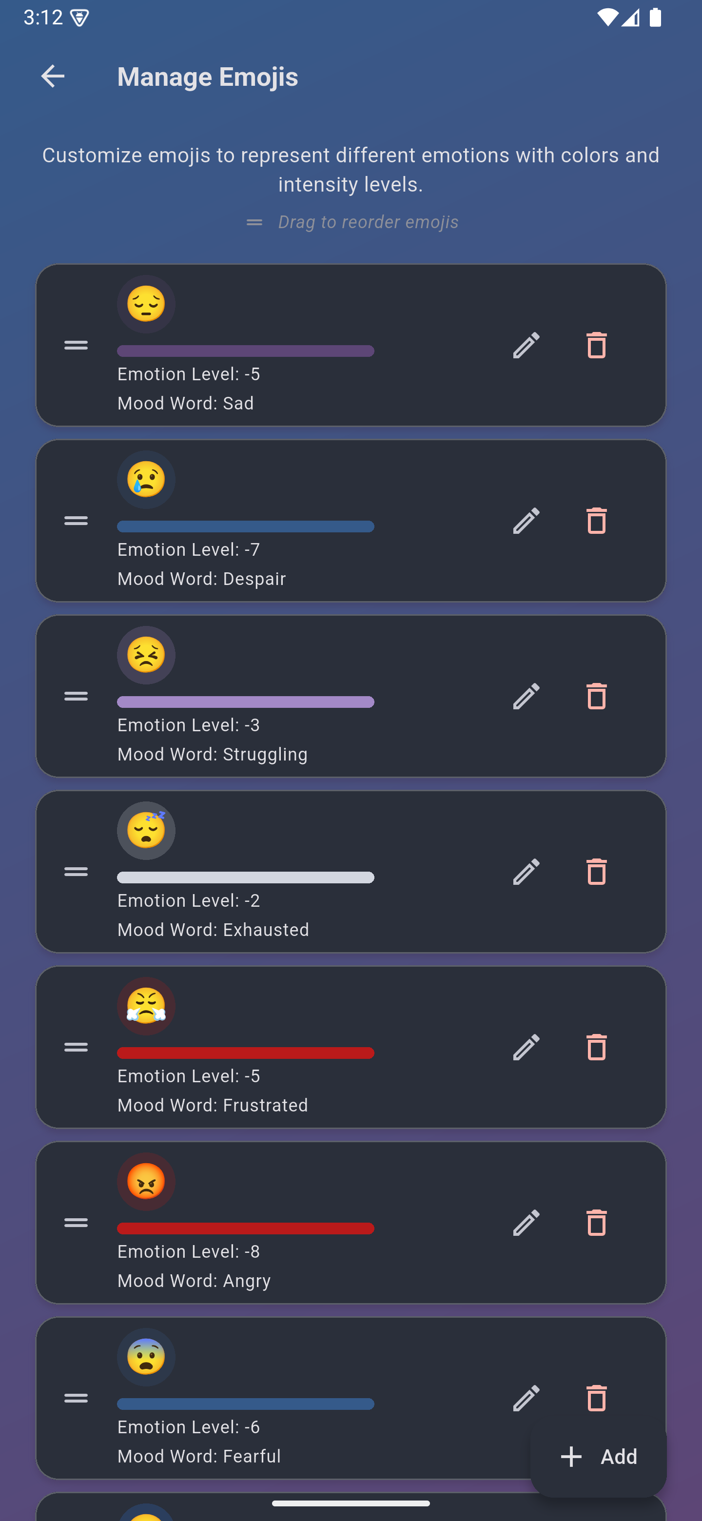 Manage emojis screen - Personalize your mood tracking
