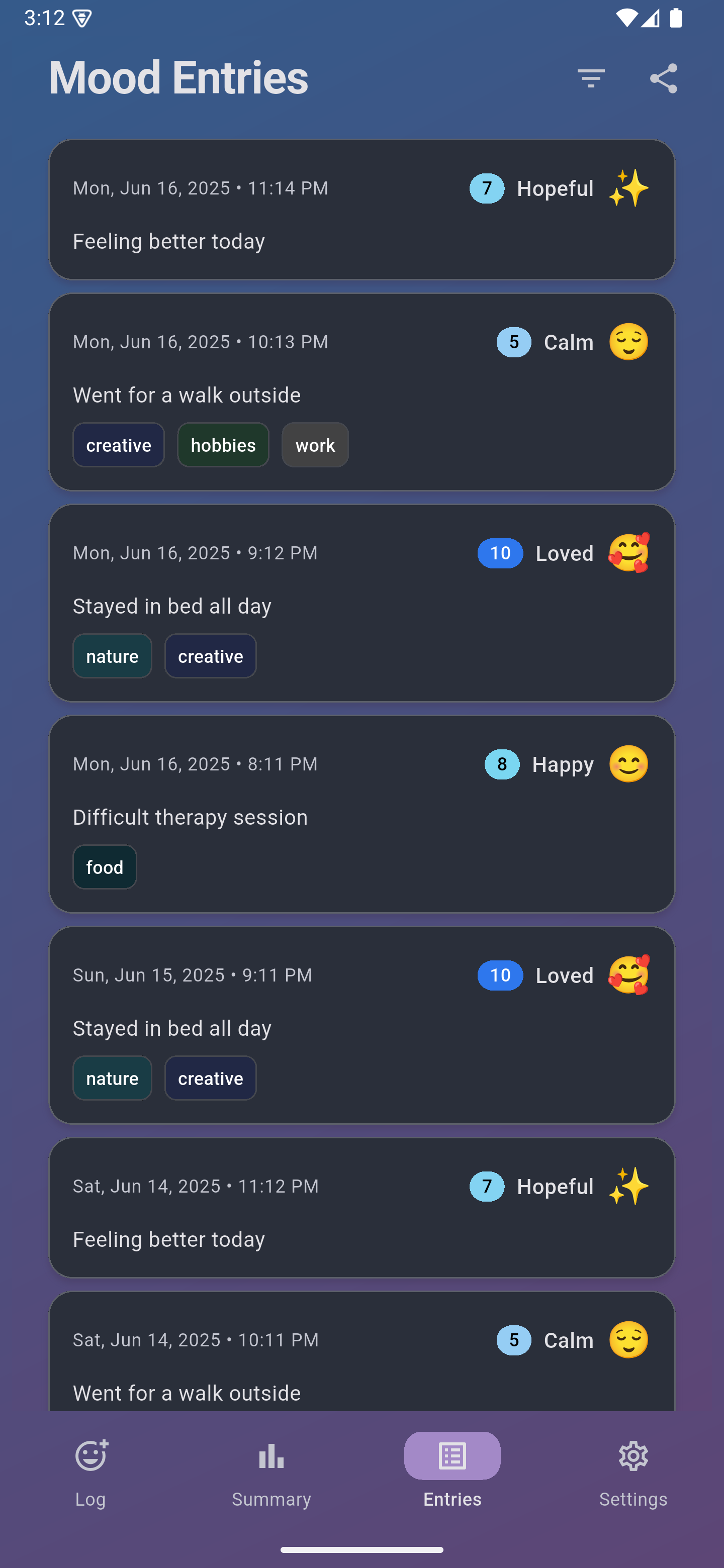 Mood entries screen - View your mood history